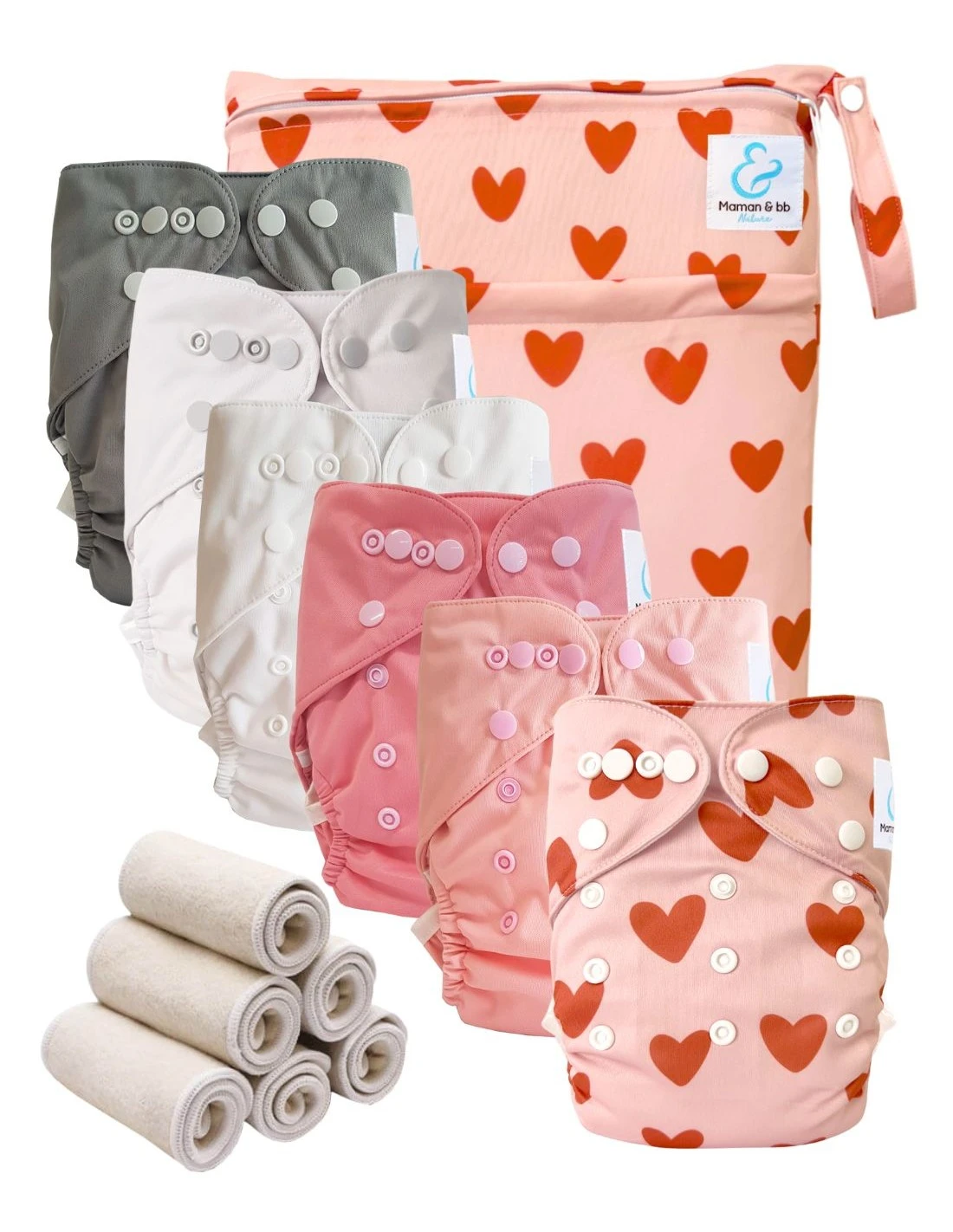 Pack Essentiel Bambou TE2 - 6 Couches Lavables Et Insert - Petit Coeur 1 Pack Essentiel Bambou TE2 - 6 Couches Lavables Et Insert - Petit Coeur