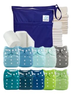 Pack Premium : Lot De 10 Couches Lavables + Inserts + Voiles + Sac Imperméable - Blue