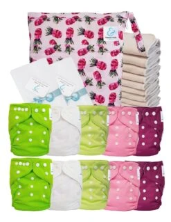 Pack Premium Sensitive : 10 Couches Lavables TE1 + Inserts Coton + Voiles + Sac - Ananas