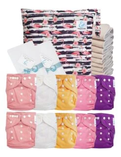 Pack Premium Sensitive : 10 Couches Lavables TE1 + Inserts En Coton + Voiles + Sac - Flamingo