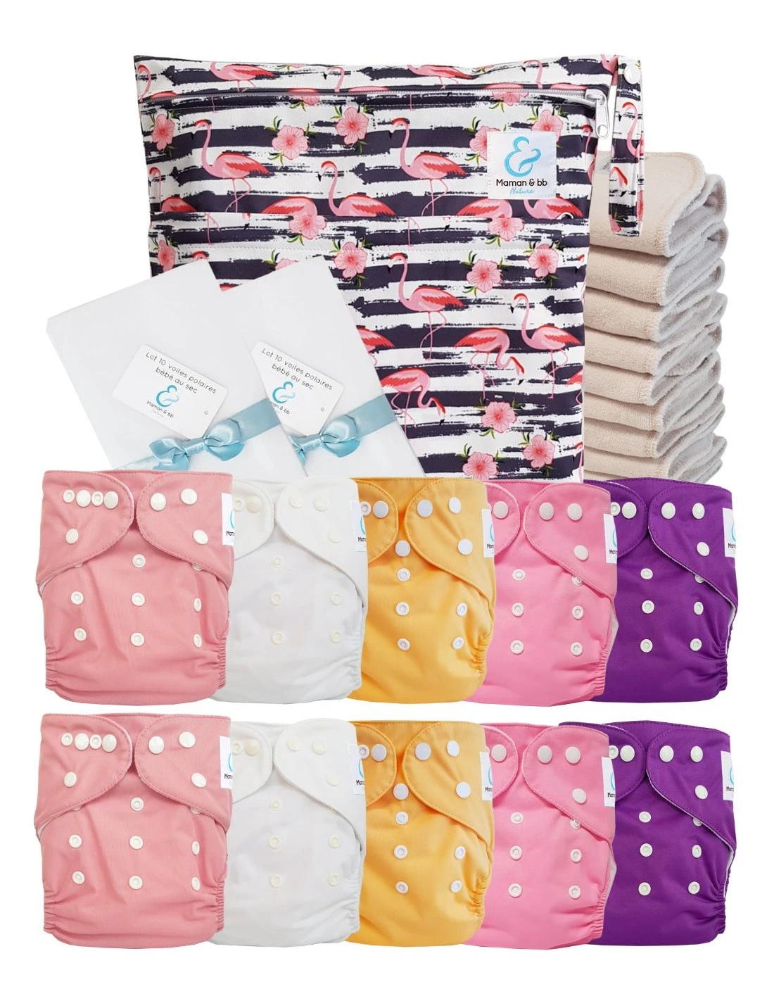 Pack Premium Sensitive : 10 Couches Lavables TE1 + Inserts En Coton + Voiles + Sac - Flamingo 1 Pack Premium Sensitive : 10 Couches Lavables TE1 + Inserts En Coton + Voiles + Sac - Flamingo