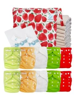 Pack Premium Sensitive : 10 Couches Lavables TE1 + Inserts Coton + Voiles + Sac - Fraise