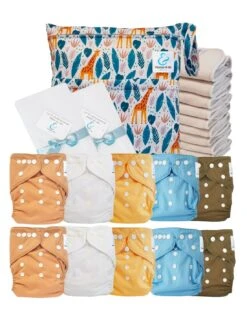 Pack Premium Sensitive : 10 Couches Lavables TE1 + Inserts En Coton + Voiles + Sac - Girafe