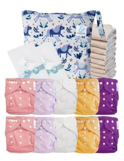 Pack Premium Sensitive : 10 Couches Lavables TE1 + Inserts En Coton + Voiles + Sac - Licorne