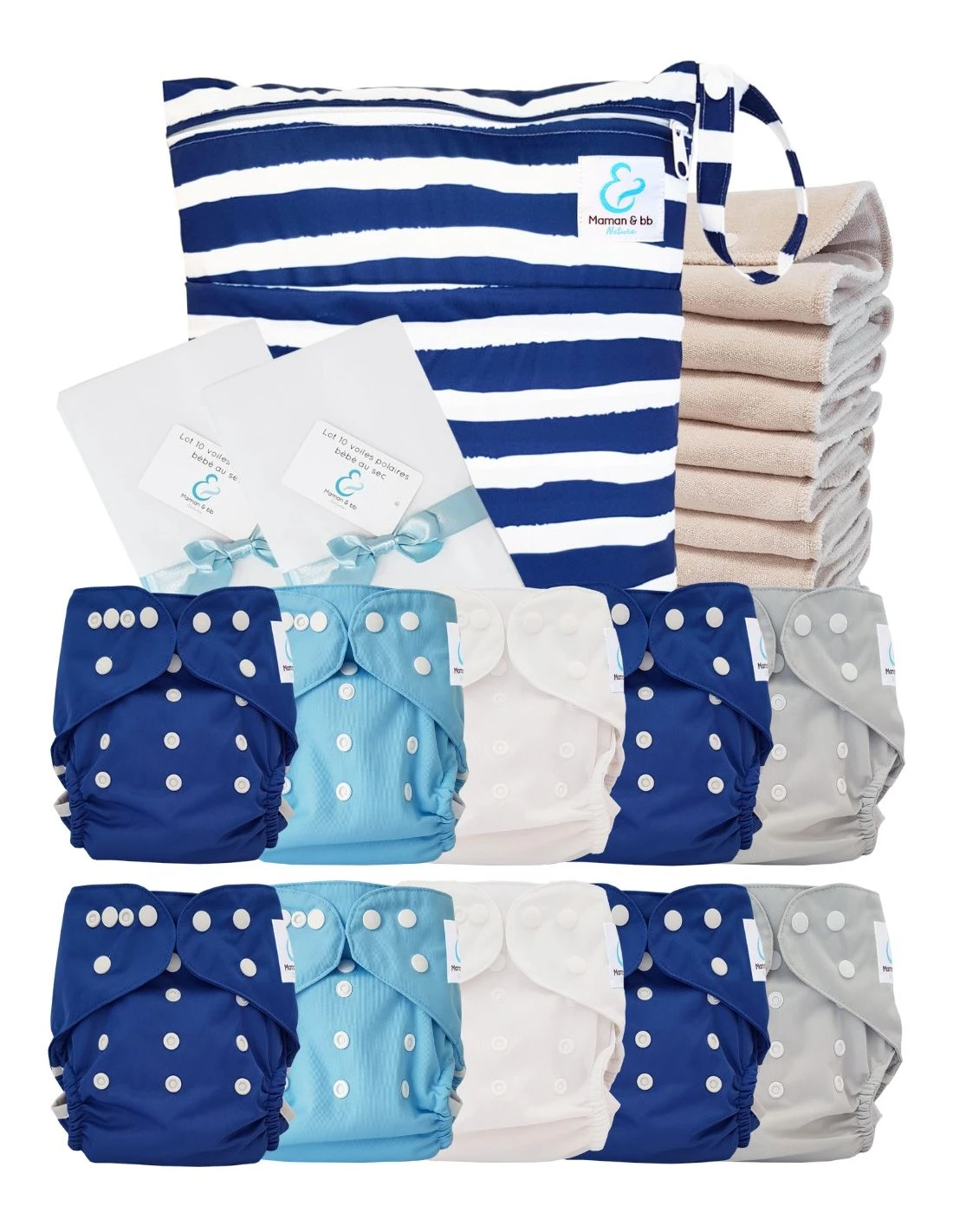 Pack Premium Sensitive 10 Couches Lavables TE2 Inserts Coton Voiles Sac - Mariniere 1 Pack Premium Sensitive 10 Couches Lavables TE2 Inserts Coton Voiles Sac - Mariniere