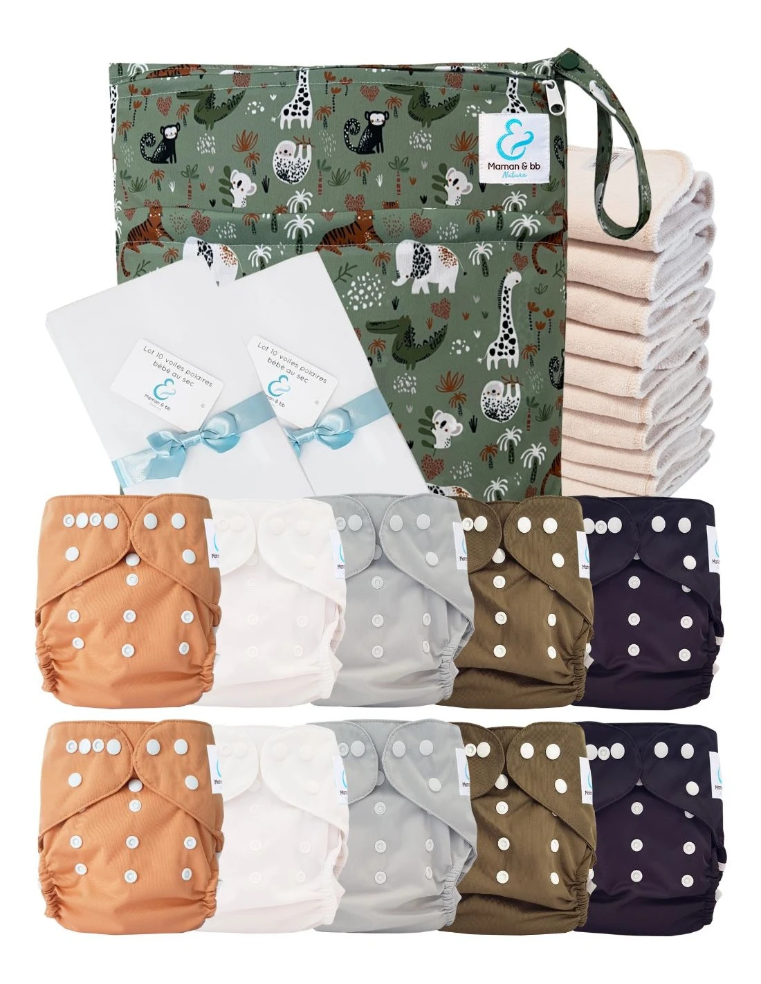 Pack Premium Sensitive : 10 Couches Lavables TE2 + Inserts Coton + Voiles + Sac - Jungle 1 Pack Premium Sensitive : 10 Couches Lavables TE2 + Inserts Coton + Voiles + Sac - Jungle