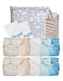 Pack Premium Sensitive : Lot De 10 Couches Lavables TE1 + Inserts En Coton + Voiles + Sac Imperméable - Cloudy