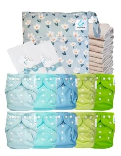 Pack Premium Sensitive : Lot De 10 Couches Lavables TE1 + Inserts En Coton + Voiles + Sac Imperméable - Printemps