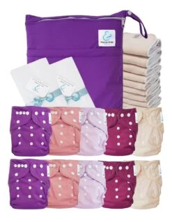 Pack Premium Sensitive : Lot De 10 Couches Lavables TE1 + Inserts + Voiles + Sac - Prune