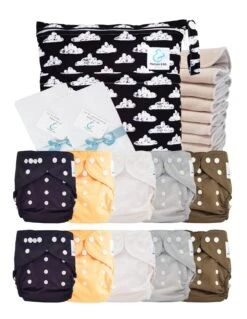 Pack Premium Sensitive : Lot De 10 Couches Lavables TE2 + Inserts En Coton + Voiles + Sac Imperméable - Automne