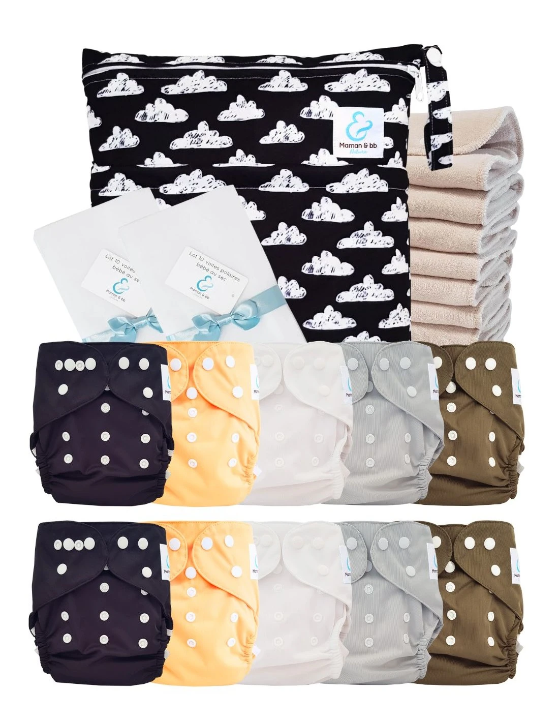 Pack Premium Sensitive : Lot De 10 Couches Lavables TE2 + Inserts En Coton + Voiles + Sac Imperméable - Automne 1 Pack Premium Sensitive : Lot De 10 Couches Lavables TE2 + Inserts En Coton + Voiles + Sac Imperméable - Automne