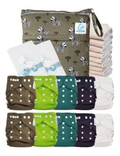 Pack Premium Sensitive : Lot De 10 Couches Lavables TE2 + Inserts En Coton + Voiles + Sac Imperméable - Azur