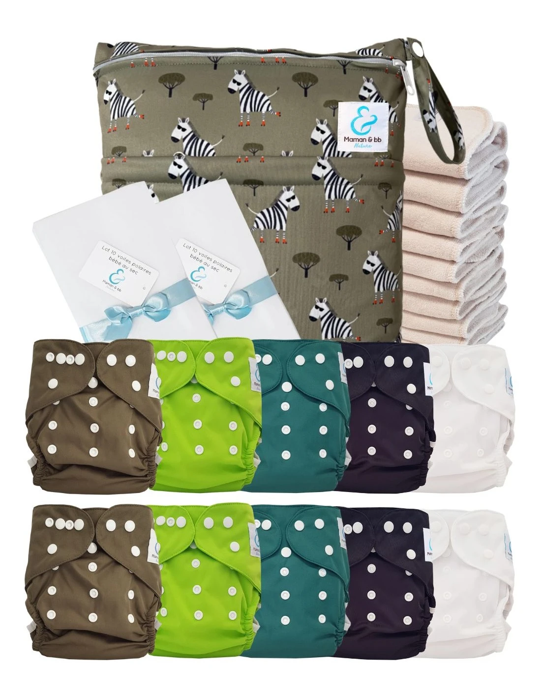 Pack Premium Sensitive : Lot De 10 Couches Lavables TE2 + Inserts En Coton + Voiles + Sac Imperméable - Azur 1 Pack Premium Sensitive : Lot De 10 Couches Lavables TE2 + Inserts En Coton + Voiles + Sac Imperméable - Azur