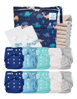 Pack Premium Sensitive : Lot De 10 Couches Lavables TE2 + Inserts En Coton + Voiles + Sac Imperméable - Dinos
