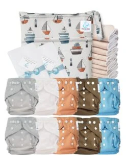 Pack Premium Sensitive : Lot De 10 Couches Lavables TE2 + Inserts En Coton + Voiles + Sac - Navires