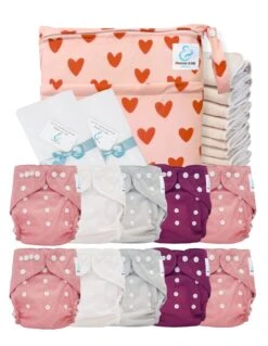 Pack Premium Sensitive : Lot De 10 Couches Lavables TE2 + Inserts En Coton + Voiles + Sac - Petit Coeur