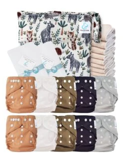 Pack Premium Sensitive : Lot De 10 Couches Lavables TE2 + Inserts En Coton + Voiles + Sac - Safari