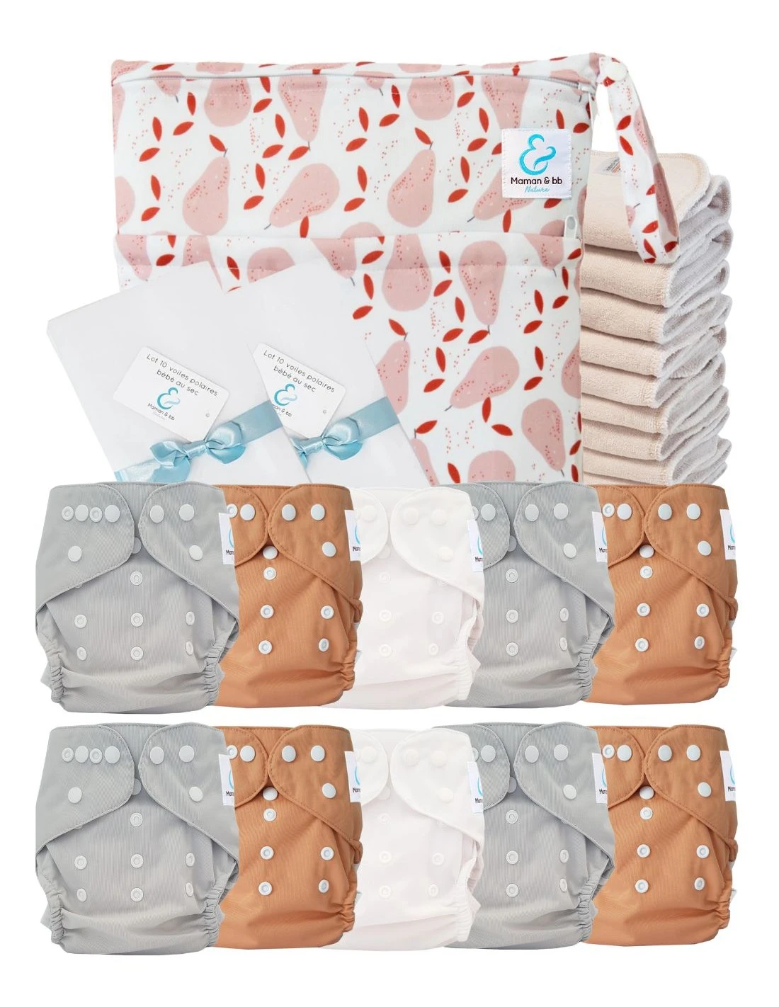 Pack Premium Sensitive : 10 Couches Lavables TE2 + Inserts En Coton + Voiles + Sac - Petite Poire 1 Pack Premium Sensitive : 10 Couches Lavables TE2 + Inserts En Coton + Voiles + Sac - Petite Poire