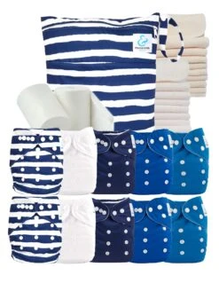 Pack Premium TE1 : Lot 10 Couches Lavables + Inserts + Voiles + Sac - Marinière
