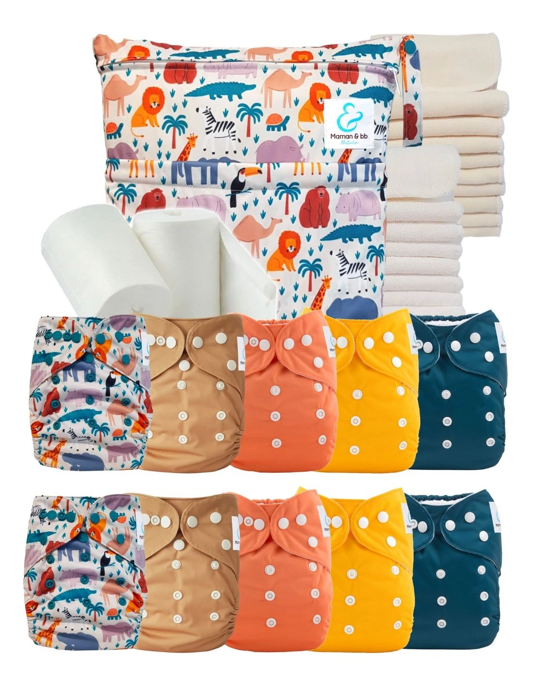 Pack Premium TE1 : Lot 10 Couches Lavables + Inserts + Voiles + Sac - Savane 1 Pack Premium TE1 : Lot 10 Couches Lavables + Inserts + Voiles + Sac - Savane