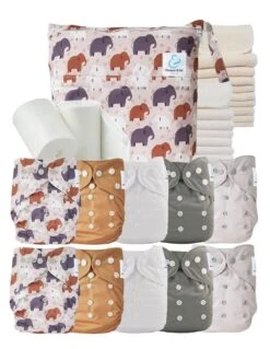 Pack Premium TE1 : Lot De 10 Couches Lavables + Inserts + Voiles + Sac Imperméable - Alphonse L'éléphant