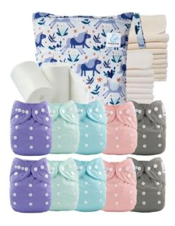 Pack Premium TE1 : Lot De 10 Couches Lavables + Inserts + Voiles + Sac Imperméable - Lina La Licorne